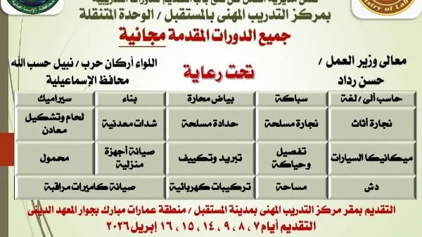 فرص تدريبية مجانية في الإسماعيلية