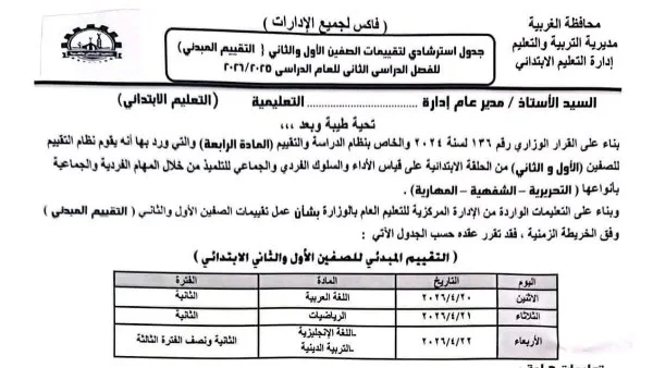 بدء التقييم المبدئي للصفين الأول والثاني الابتدائي 2026