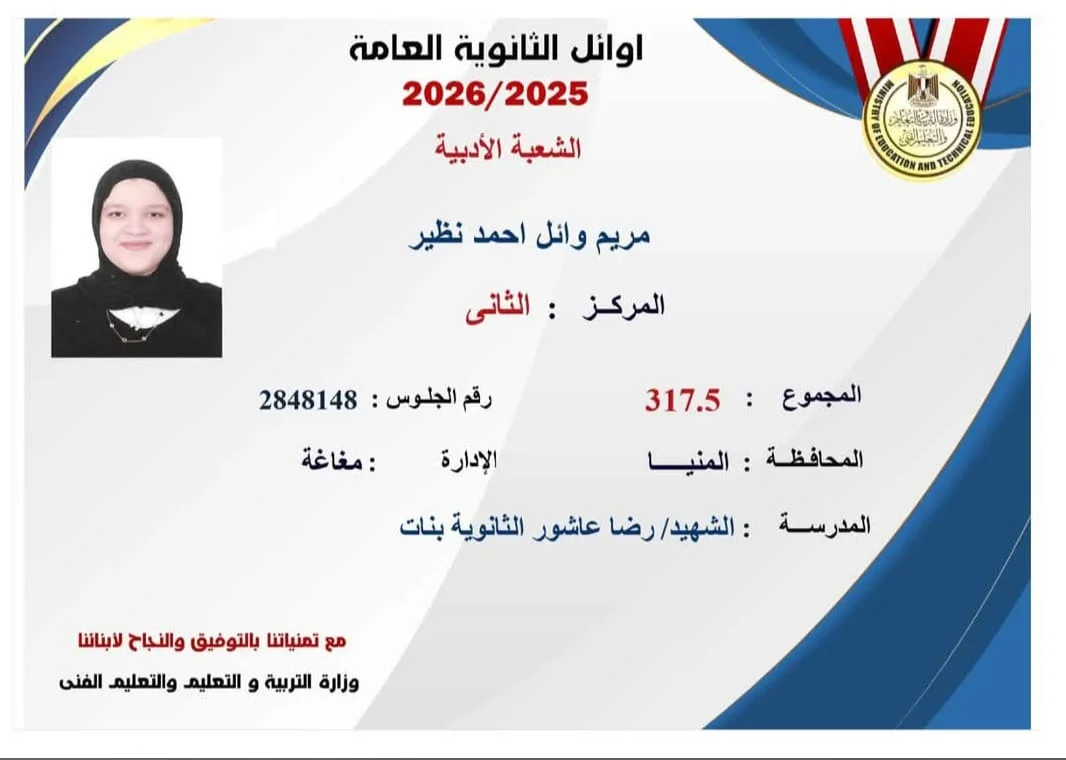 مريم وائل تحصد المركز الثاني في الثانوية العامة